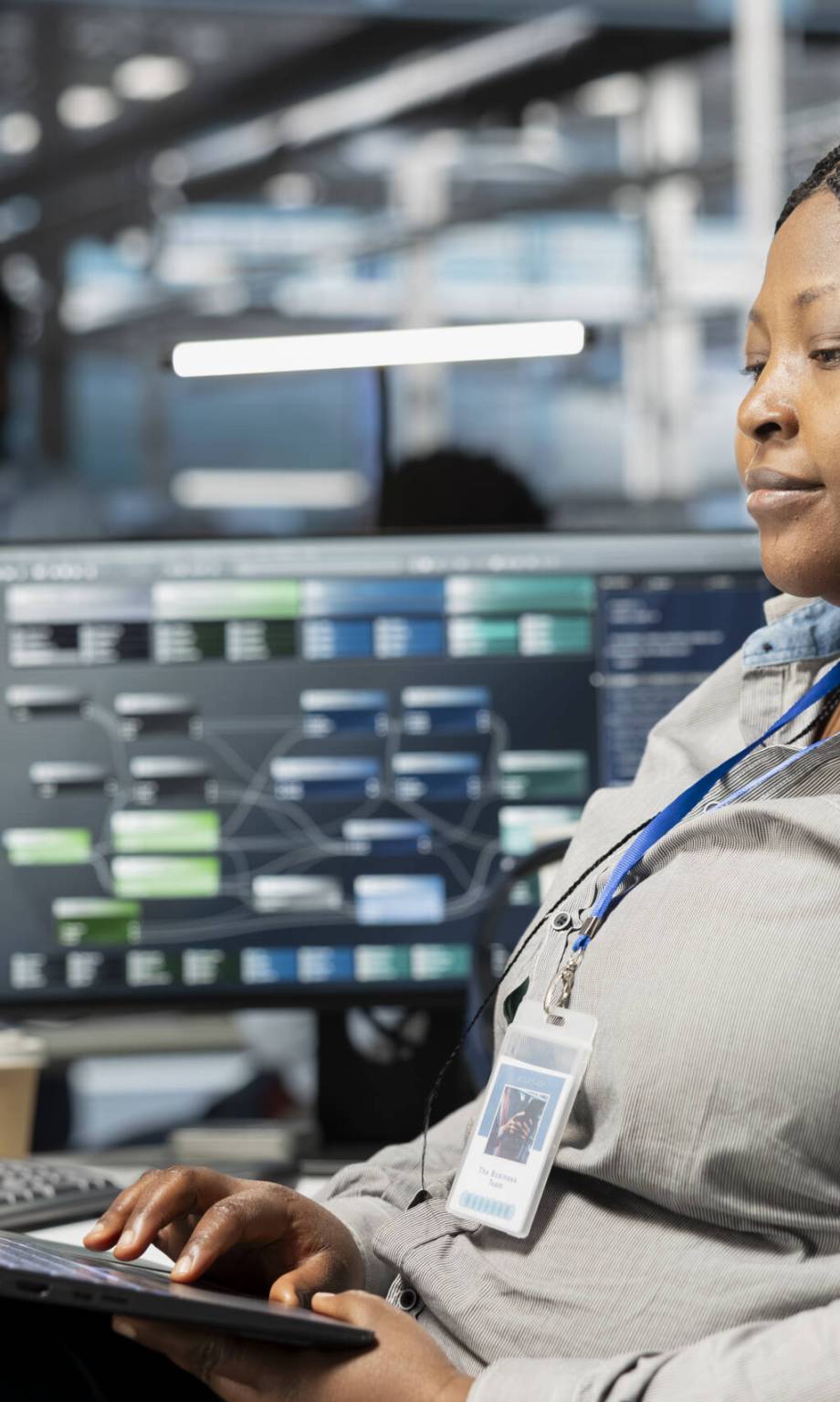 Data center admin using artificial intelligence neural networks node trees on laptop. Server room specialist using using AI programming language on notebook, configuring specialized hardware