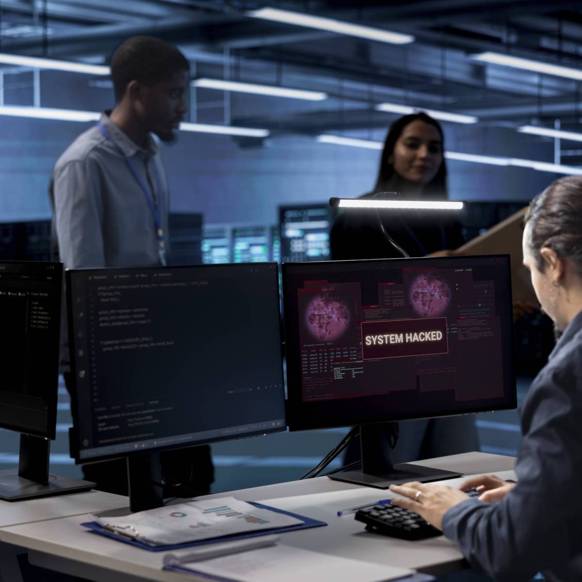 Admin in server hub trying to protect hardware from hacker attack stealing sensitive information. Data center employee struggling to erase virus after seeing security breach alert on monitor