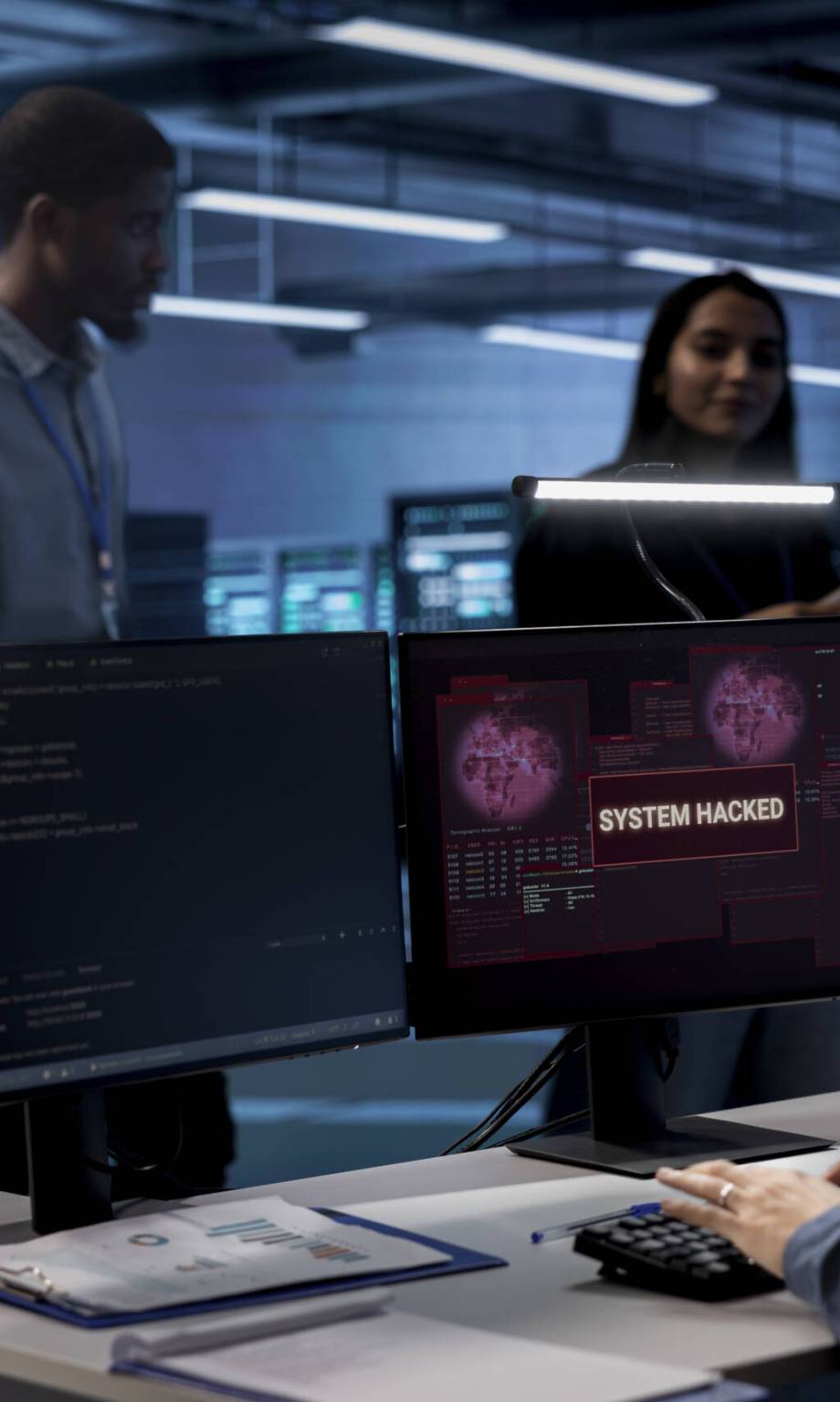 Admin in server hub trying to protect hardware from hacker attack stealing sensitive information. Data center employee struggling to erase virus after seeing security breach alert on monitor
